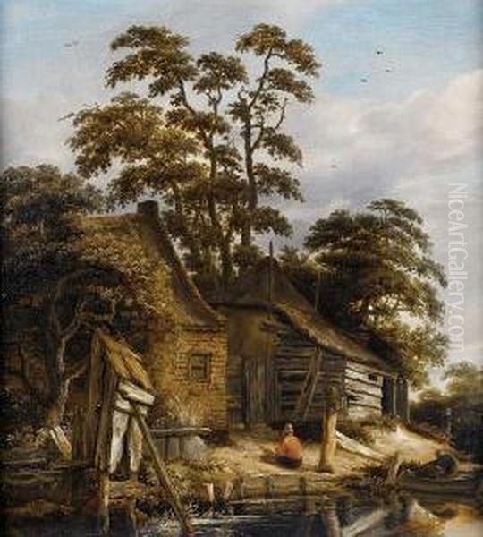 A Wooded River Landscape With A Figure Seatedbefore A Cottage Oil Painting by Roelof van Vries