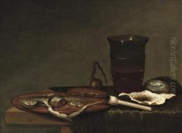 A Glass Of Beer, A Pipe With Tobacco And A Sliced Herring, All On Apartially Draped Table Oil Painting by Gerrit Van Vucht