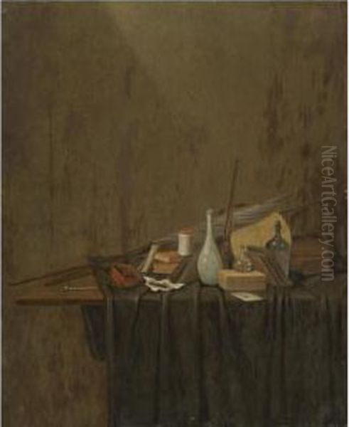 A Still Life With A Pipe, Burning Embers, Tobacco, Books, A Letter, Two Flags, A Jar, A Ceramic Vase, A Glass Decanter, A Glass Bottle, A Letter Opener, All On A Partly Draped Table Oil Painting by Gerrit Van Vucht