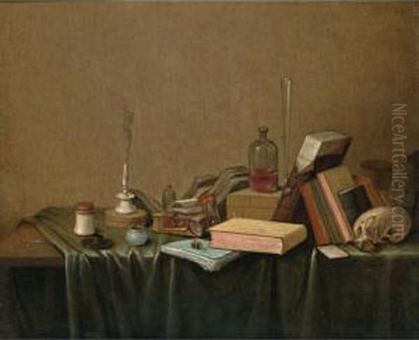 A Vanitas Still Life Of Books, A Candlestick, An Ink Well, An Hour-glass, A Glass Bottle, A Flute, A Skull And Other Objects, All On A Table Draped With A Green Cloth Oil Painting by Gerrit Van Vucht