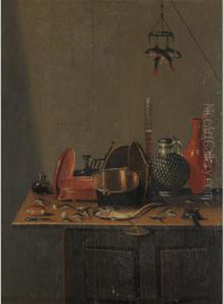 Still Life With Fish, Pots And Flagons Together On A Wooden Cupboard Oil Painting by Gerrit Van Vucht