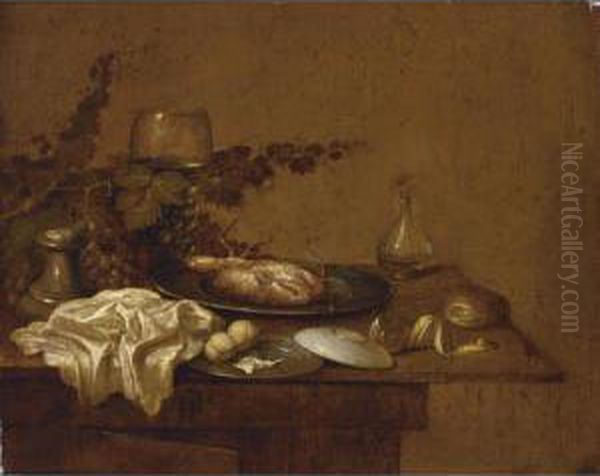 A Still Life With A Crab On A Pewter Plate, A Roemer, A Salt Cellar, A White Cloth, Peaches, A Peeled Lemon, A Bun And Grapes, All On A Wooden Table Oil Painting by Gerrit Van Vucht