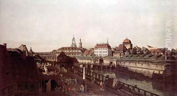 View of Dresden, The Fortress plants in Dresden, with a moat between Wilschen Gate Bridge and Post miles pil 3 Oil Painting by Bernardo Bellotto