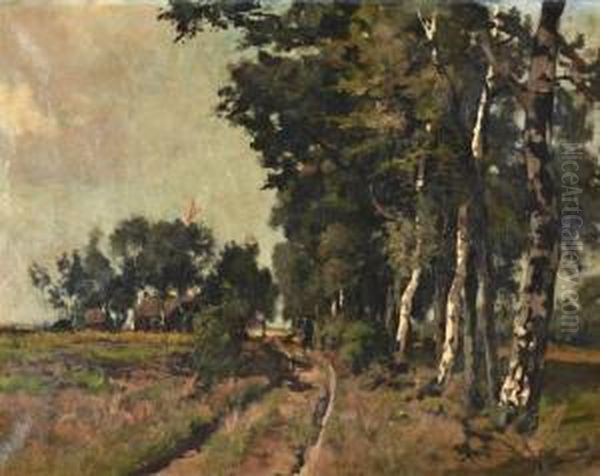 Berkenbomen Aan Landweg Oil Painting by Jan Hillebrand Wijsmuller