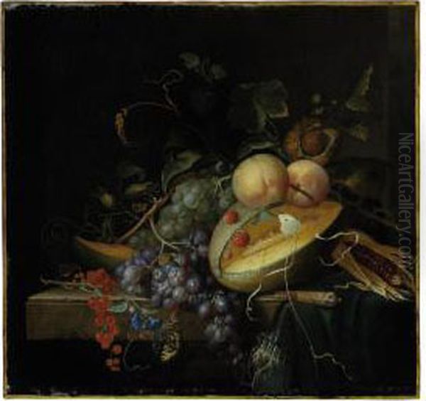 A Melon, Nuts And Corn On A Stone Ledge With Butterflies Oil Painting by Jacob van Walscapelle