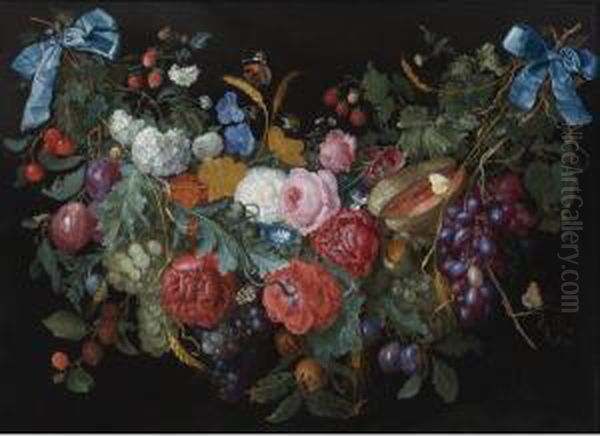 A Garland Of Flowers And Fruit Bound Together At The Ends With Blueribbon And Hanging From Two Nails. Oil Painting by Jacob van Walscapelle