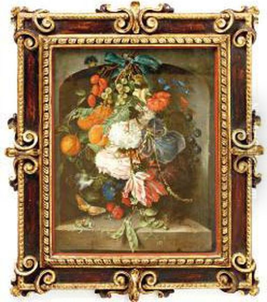 Een Festoen Met Bloemen En Fruit, Hangend In Een Nis Oil Painting by Jacob van Walscapelle