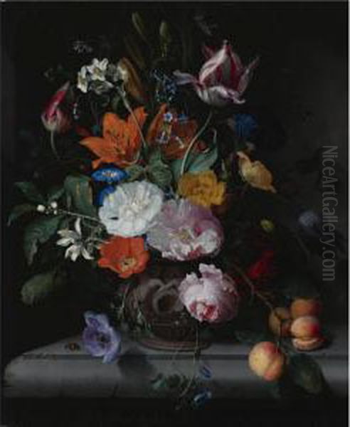 A Still Life Of Flowers And A Branch Of Peaches In A Sculpted Vase, Standing On A Ledge Oil Painting by Jacob van Walscapelle