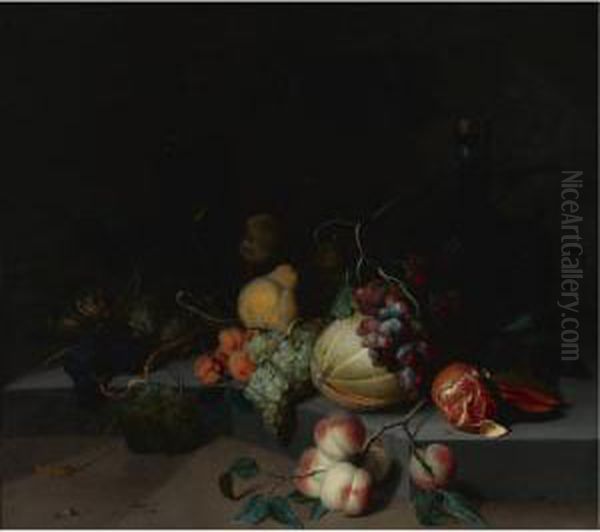 Grapes, Pears, A Melon And A Pomegranate On A Stone Ledge, With A Oil Painting by Jacob van Walscapelle