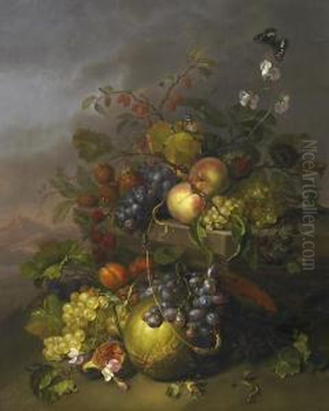 Still Life With Several Fruits As Well As Butterflies And A Lizard, In Front Of A Landscape Oil Painting by Jacob van Walscapelle