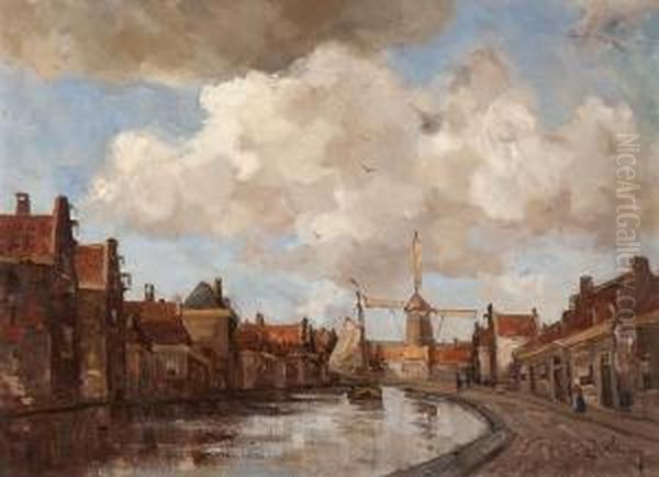 Dutch Inner Harbour Oil Painting by Kees Van Waning