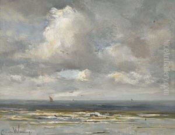 Kustenpartie Mit Segelbooten Oil Painting by Kees Van Waning