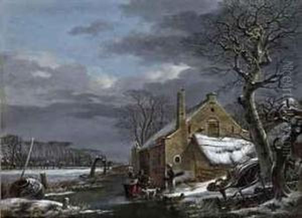 Figures Conversing On A Frozen Waterway Oil Painting by Arnoldus Van Well Dordrecht