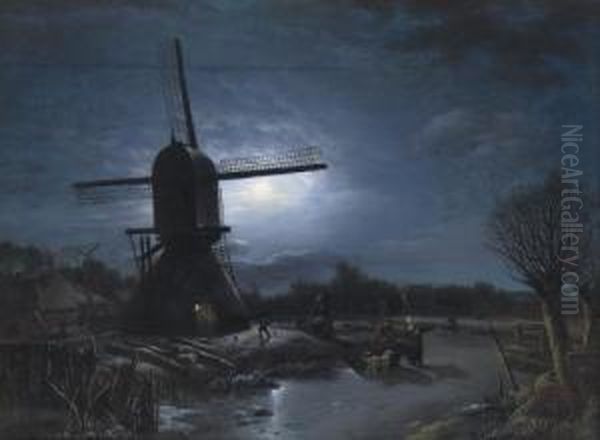 Activities Near A Windmill At Night Oil Painting by Arnoldus Van Well Dordrecht