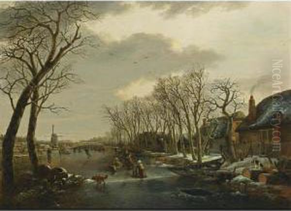 A Winter Landscape With A Woman Skating Behind A Sledge, A Girl Skating With A Chair, And Other Figures Skating And A Dog On A Frozen Canal Near A Village With A Mill Beyond Oil Painting by Arnoldus Van Well Dordrecht