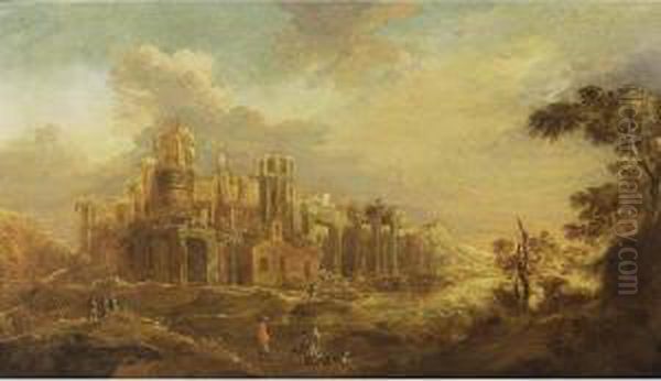 A Classical Landscape With Travellers On A Path Near Antique Ruins Oil Painting by Abraham Evertsz. Van Westerveldt