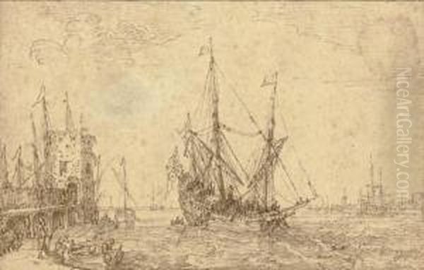 A Seaport With A Man O'war, Figures Along A Pier Oil Painting by Cornelis Claesz van Wieringen