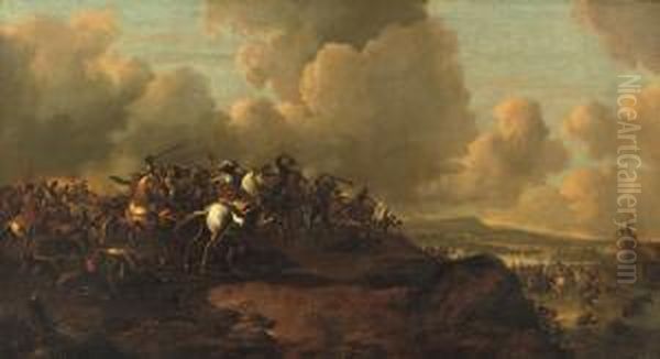 A Cavalry Skirmish In An Extensive River Landscape, A Fortress Beyond Oil Painting by Jacques Van Wijck