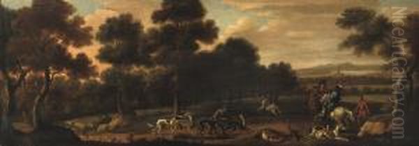 A Hunting Party In A Wooded Landscape Oil Painting by Jacques Van Wijck