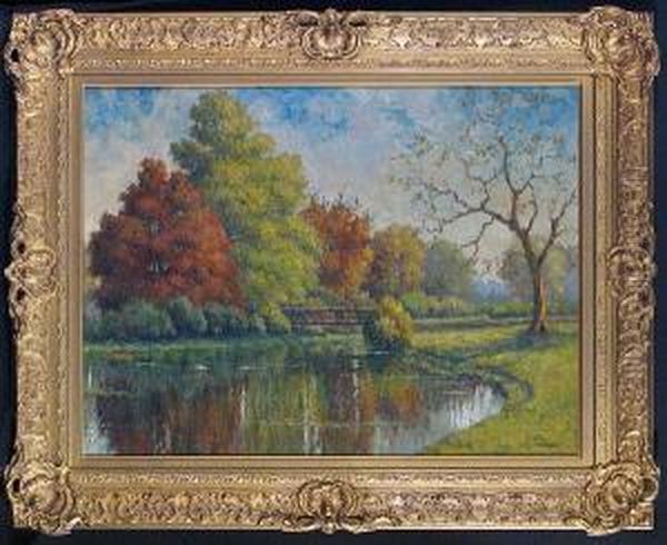 An Autumnal River Landscape Oil Painting by Jacques Van Wijck