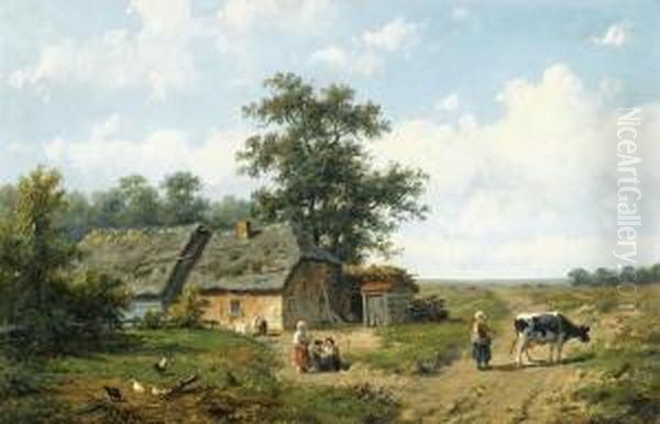 Figures Outside A Cottage On A Sunny Day Oil Painting by Anthonie Jacobus Van Wyngaerts