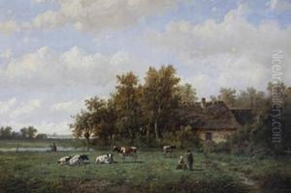 Cattle In A Summer Meadow Oil Painting by Anthonie Jacobus Van Wyngaerts