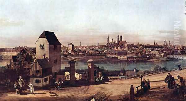 View from Munich, The Bridge gate and the Isar, Munich Heidhausen view Oil Painting by Bernardo Bellotto