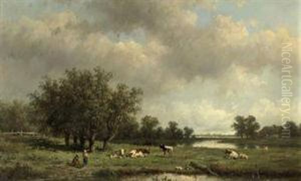 Cows In The Pasture Oil Painting by Anthonie Jacobus Van Wyngaerts