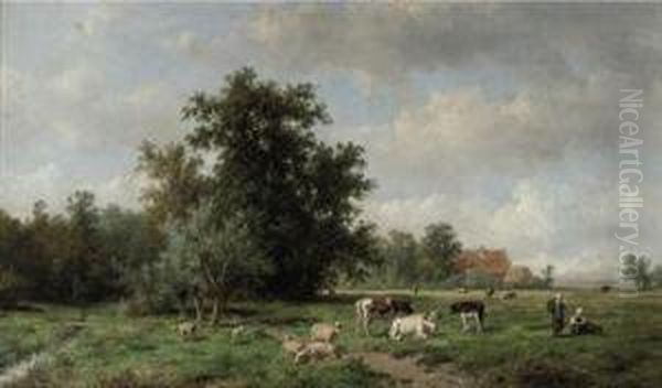 Cattle In A Summer Landscape Oil Painting by Anthonie Jacobus Van Wyngaerts