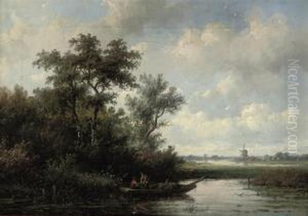 Fishing In A Polder Landscape Oil Painting by Anthonie Jacobus Van Wyngaerts