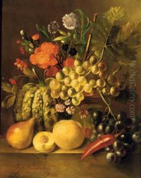 Asters, Poppies And Other Flowers In A Vase, With A Pear, Peaches, White And Black Grapes, A Pumpkin And A Chilipepper On A Stone Ledge Oil Painting by J. Van Willigenburg