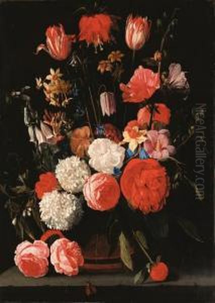 Roses, Parrot Tulips, Narcissi, Dahlias And Other Flowers In A Vaseon A Stone Shelf Oil Painting by Bartolome Van Winghe