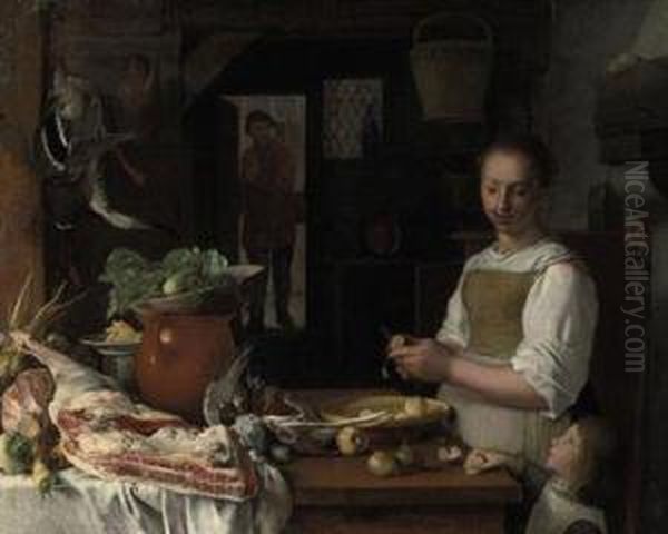 A Kitchen Interior With A Maid And A Child Peeling Apples Oil Painting by Bartholomeus Van Winghen