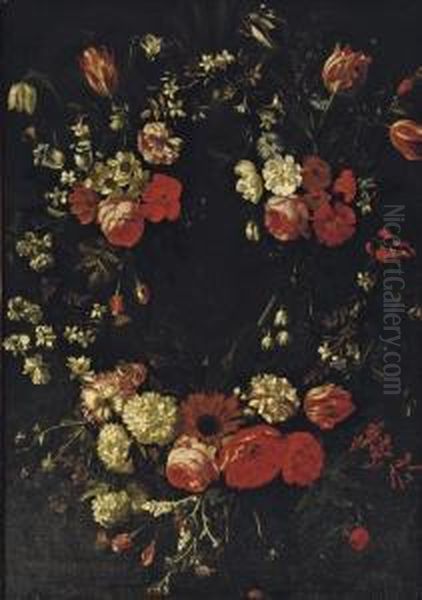 A Cartouche Surrounded By A Garland Of Roses, Tulips, Violets And Other Flowers Oil Painting by Bartholomeus Van Winghen