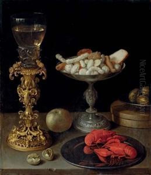 A Roemer On A Silver-gilt Bekerschroef, Sweetmeats In A Silver Tazza, Langoustines On A Plate, Walnuts And An Apple On A Table Top Oil Painting by Bartholomeus Van Winghen