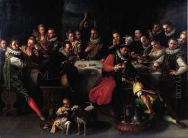 A Nobleman With Distinguished Guests At A Banquet Oil Painting by Jeremias van Winghen or Wingen