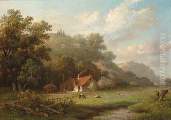 Landscape With Cows By A Farm Oil Painting by Johannes Pieter Van Wisselingh