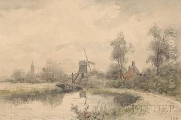 View Of A Polder Landscape With Windmill Oil Painting by Johannes Pieter Van Wisselingh