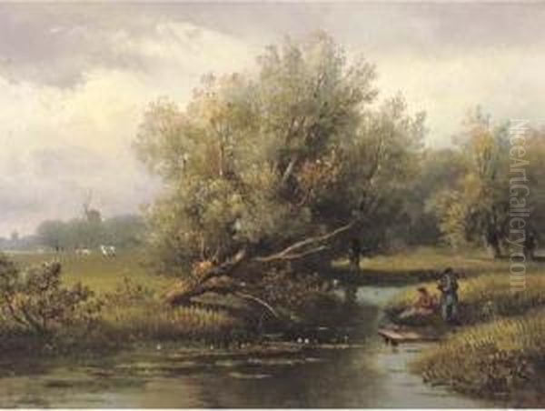 Anglers On A Riverbank Oil Painting by Johannes Pieter Van Wisselingh