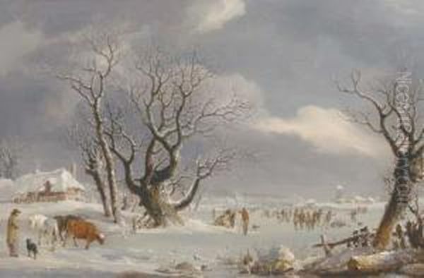 Skaters In A Dutch Winter Landscape Oil Painting by Johannes Pieter Van Wisselingh