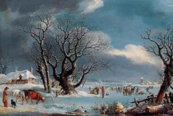 Skaters In A Winter Landscape Oil Painting by Johannes Pieter Van Wisselingh