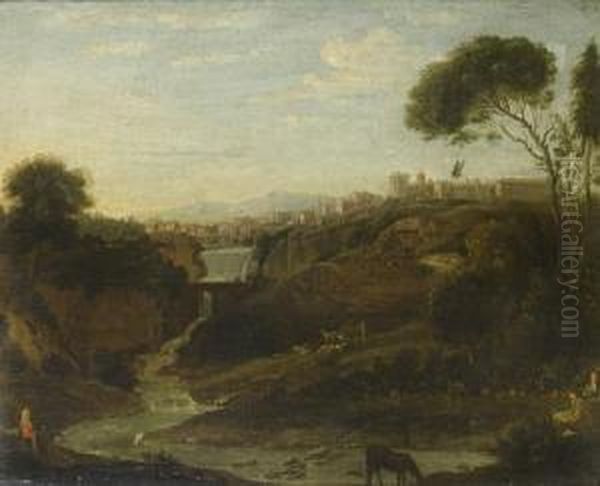 A View Of Tivoli With An Artist Sketching In The Foreground Oil Painting by (circle of) Wittel, Gaspar van (Vanvitelli)