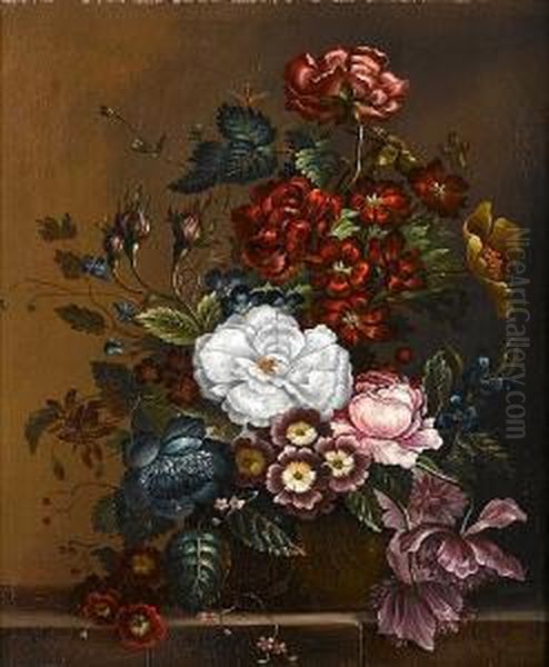 Roses, Primulae And Other Flowers On A Stoneledge Oil Painting by Petronella van Woensel