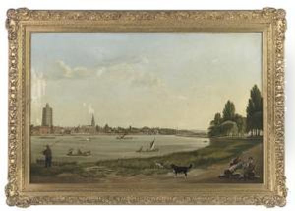 Two Timber Merchants And Their Faithfull Companions On The North Bank Of The Thames, Looking West Towards St. Mary's Church, Battersea, With Sir William Chamber's Chinese Pagoda At Kew Gardens On The Distant Horizon Oil Painting by Abraham Bruining Van Worrell