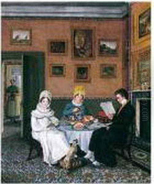 A Gentleman And Two Ladies Taking Breakfast Oil Painting by Abraham Bruining Van Worrell