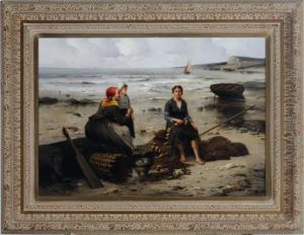 Three Generations Of Fisher Women Working On The Beach Oil Painting by Van Wyk