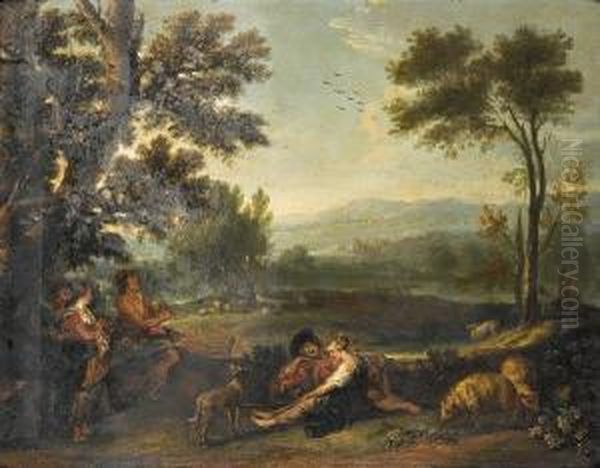 A Landscape With Shepherds And Shepherdesses Resting Beneath A Tree Oil Painting by Jan Thomas Van Yperen