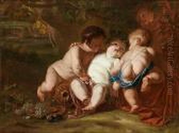 The Infant Bacchus With Putti Oil Painting by Jan Thomas Van Yperen