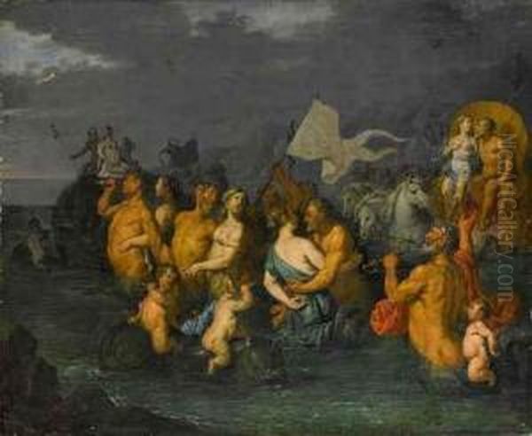 Tritonen Und Nereiden Vor Muschelwagen W Oil Painting by Jan Thomas Van Yperen