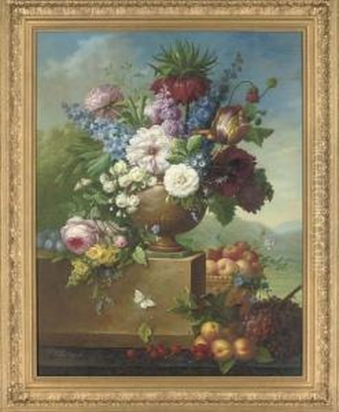 Tulips, Peonies, Roses And Other Flowers In An Urn, An Extensive Landscape Beyond Oil Painting by Jan Thomas Van Yperen